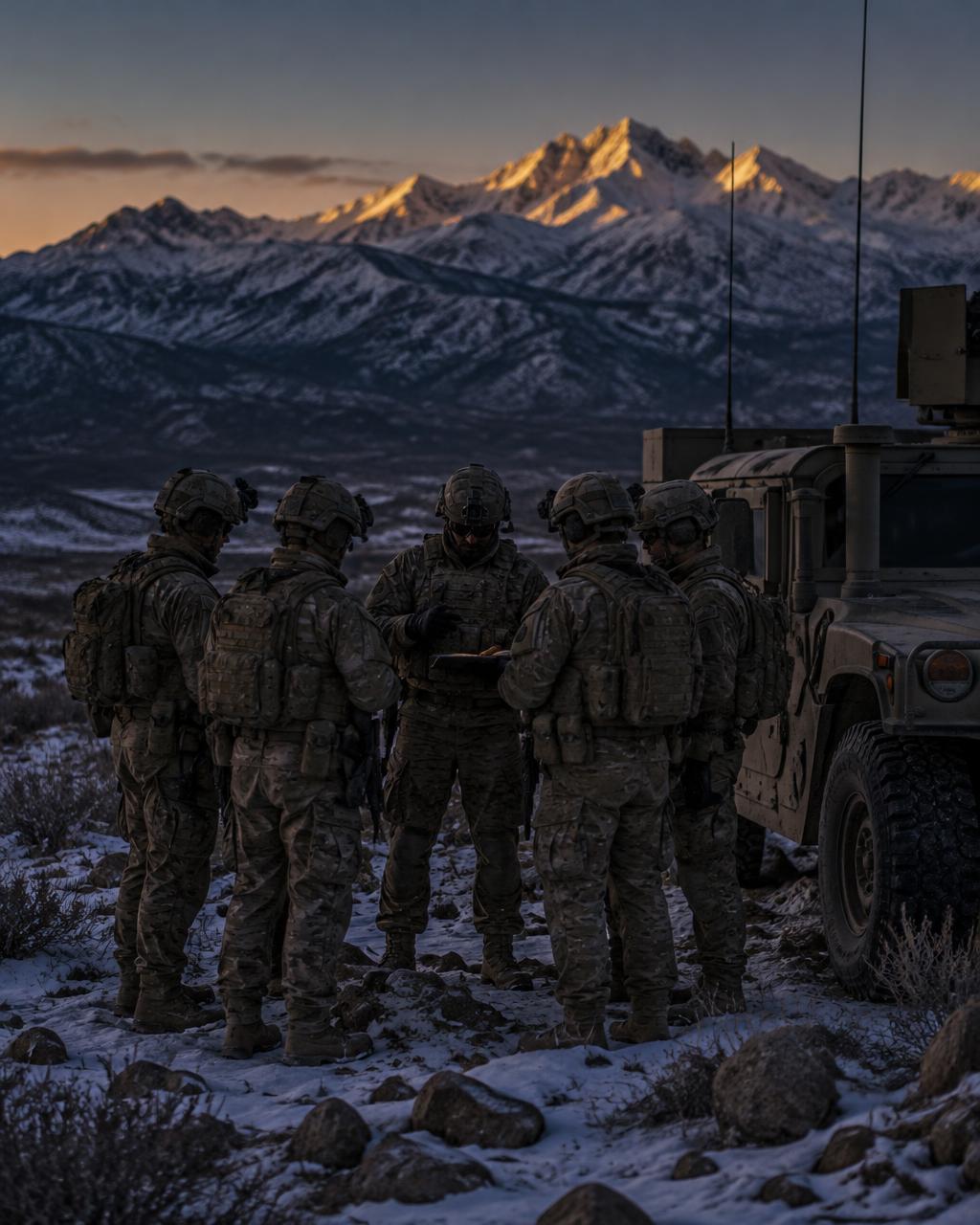 A U.S. Army team gathered around their leader beside a Humvee at dawn in the snow-covered Sierra Nevada