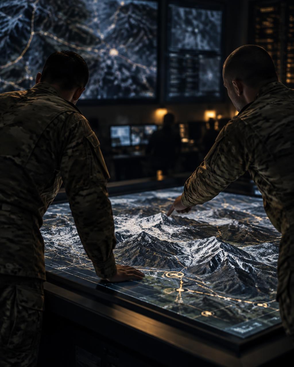 Two U.S. Army staff officers studying a lit terrain table of snowy mountains in a darkened operations center